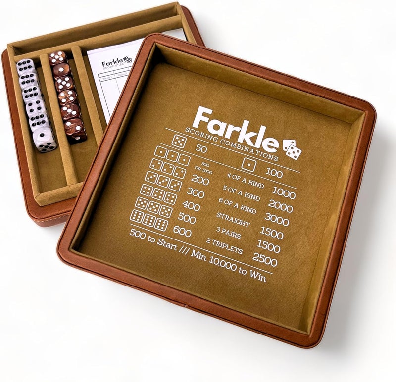 Luck Lab Farkle Dice Tray and Storage Case - Includes Embedded Scoring Combinations, 2 Sets of 6 Pearl Dice, 40 Sheet Score Pad and Pen Holder for The Classic Family Game (Brown) - Image 1